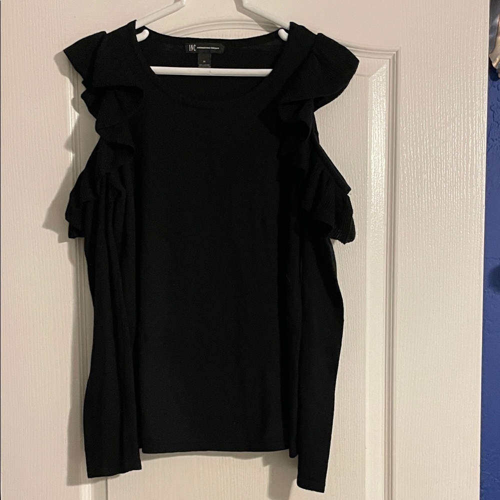 INC International Concepts Black Ruffle sweater cold shoulder